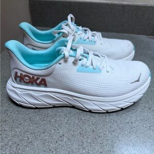 Hoka Women's White and Teal WORN once! Cushioned Running Sneakers